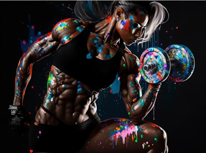 Muscular person with paint splatters lifting colorful dumbbell