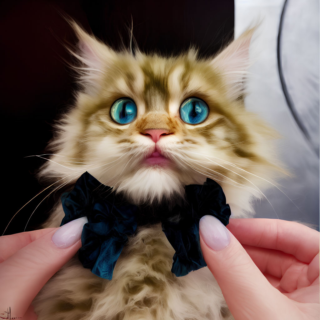 Fluffy cat with blue eyes and black bow held gently under chin