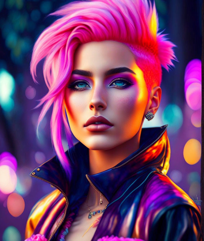 Vibrant pink hair and blue eyes in glossy purple-black jacket on colorful bokeh background