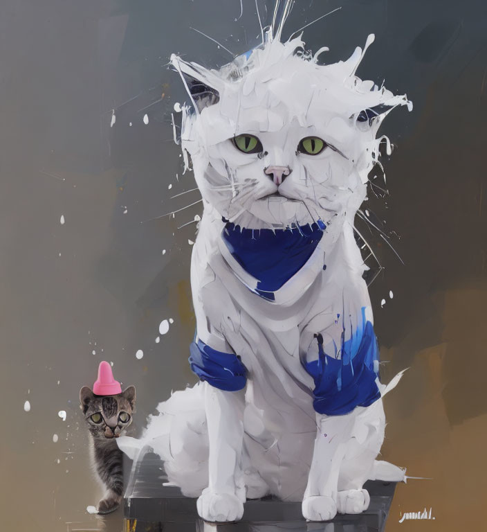 Digital painting of two displeased cats, one large with blue stripes, covered in paint, and a