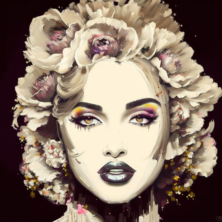 Portrait of woman with floral hair, dramatic makeup on dark background