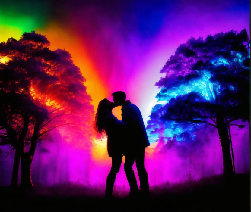 Silhouette of kissing couple in forest with vibrant backlit colors