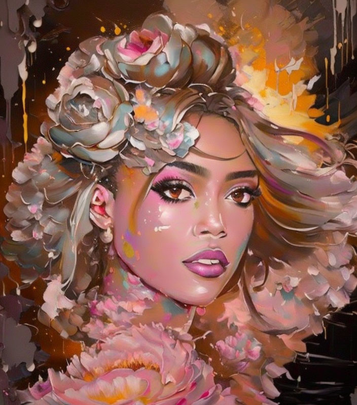 Colorful digital portrait of a woman with floral hair adornments and abstract brushstrokes