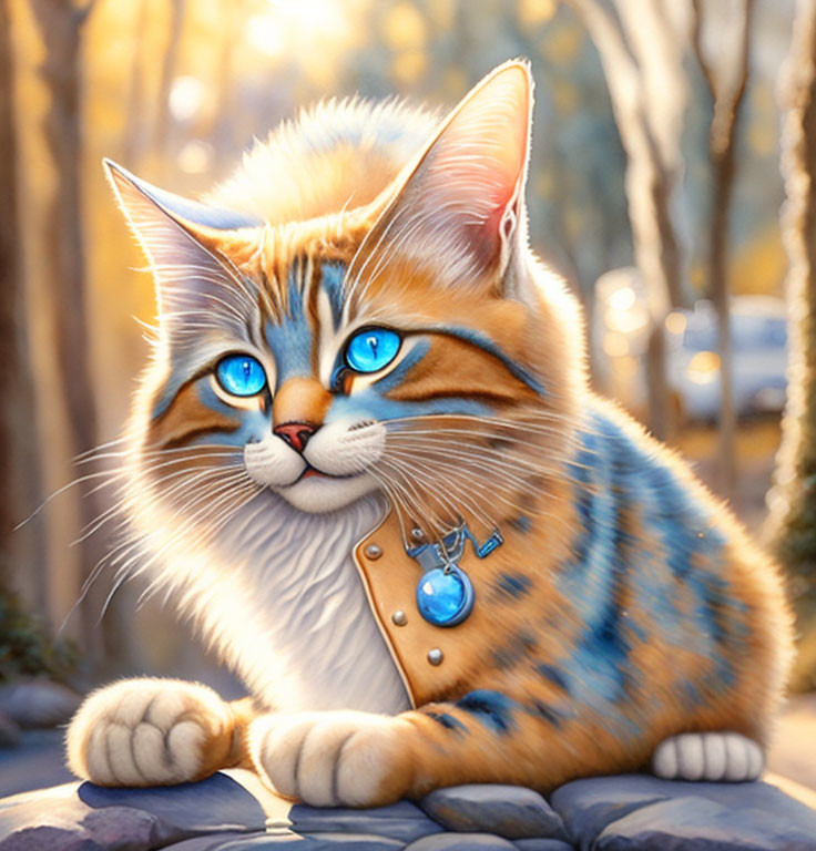 Vibrantly colored digital artwork of an orange tabby cat with blue eyes in sunny autumn park