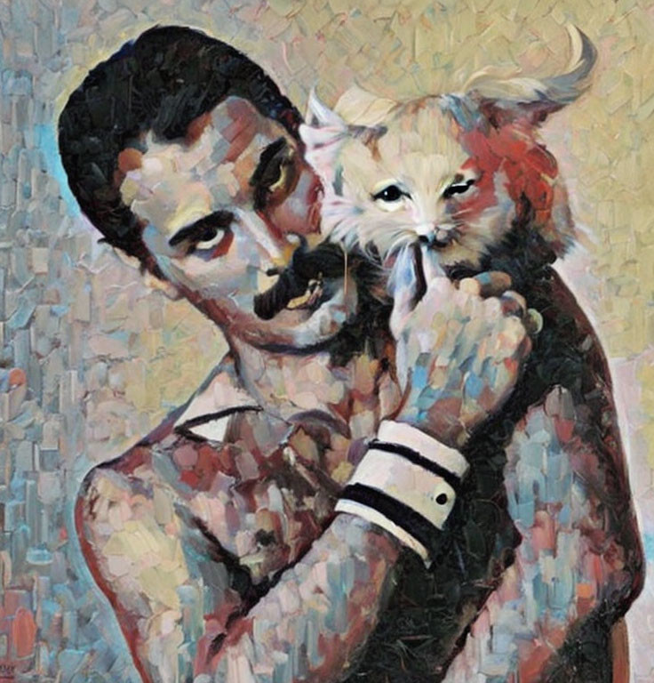 Mustachioed man in tank top cuddling white fluffy cat