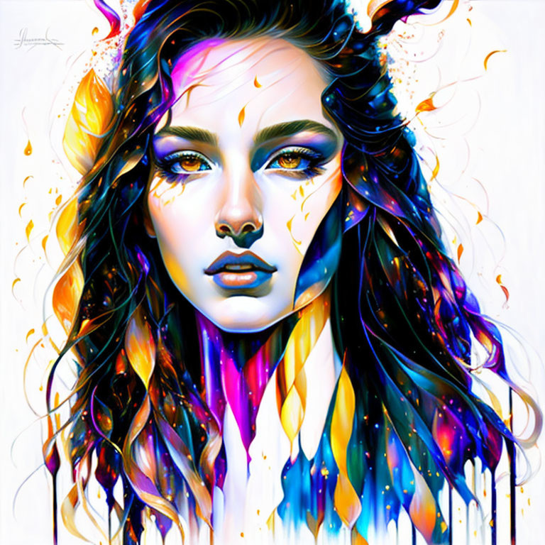 Colorful digital artwork: Woman with flowing hair and abstract paint splatters