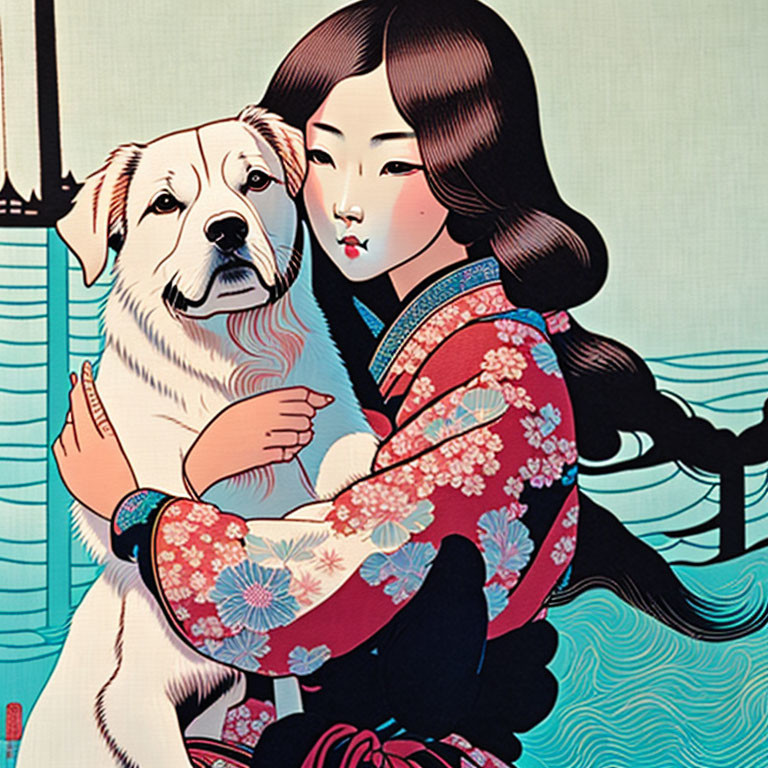 Illustration: Woman in floral kimono hugging white and beige dog with stylized waves background