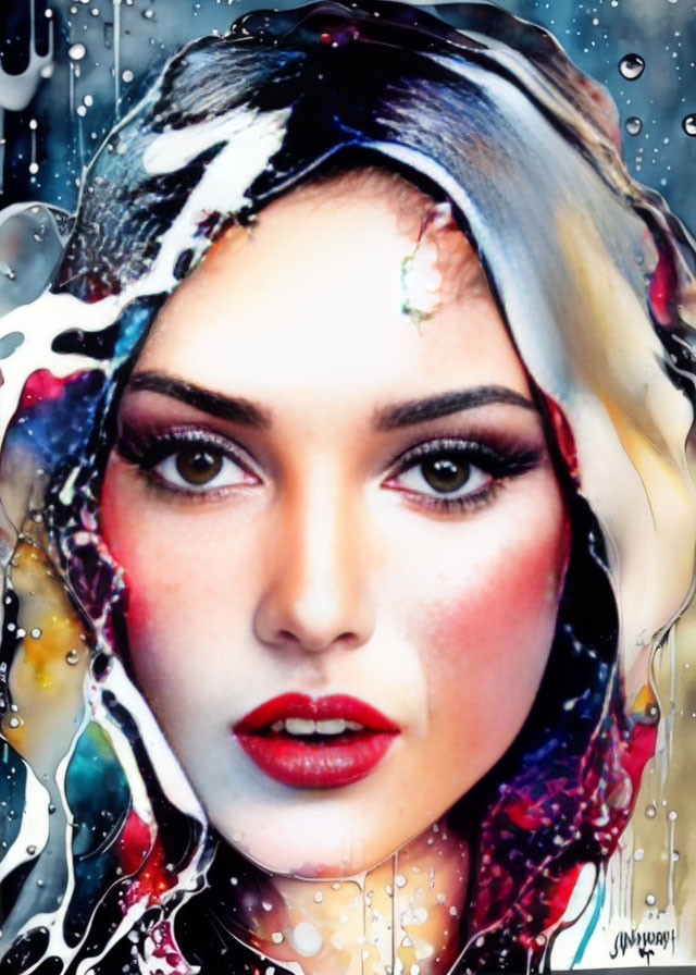 Colorful abstract makeup overlaid on woman's face.