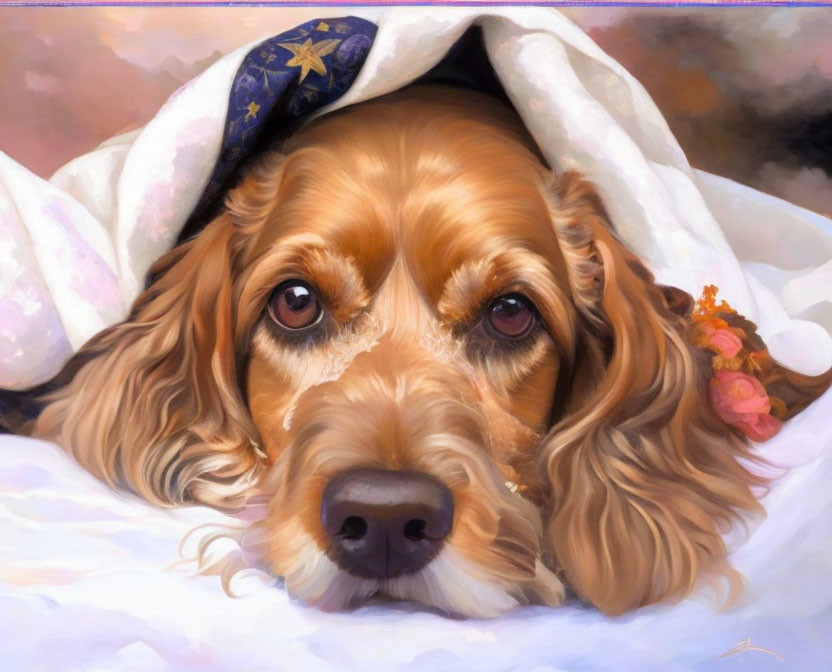 Brown Spaniel Under White Blanket with Blue Stars: Cozy and Endearing Peeking Out