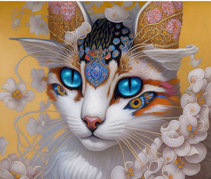 Vibrant digital artwork of fantastical cat with blue eyes and intricate patterns