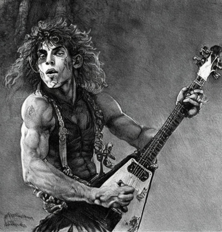 Detailed monochrome sketch: muscular man with wild hair playing electric guitar, exuding intense expression and rock