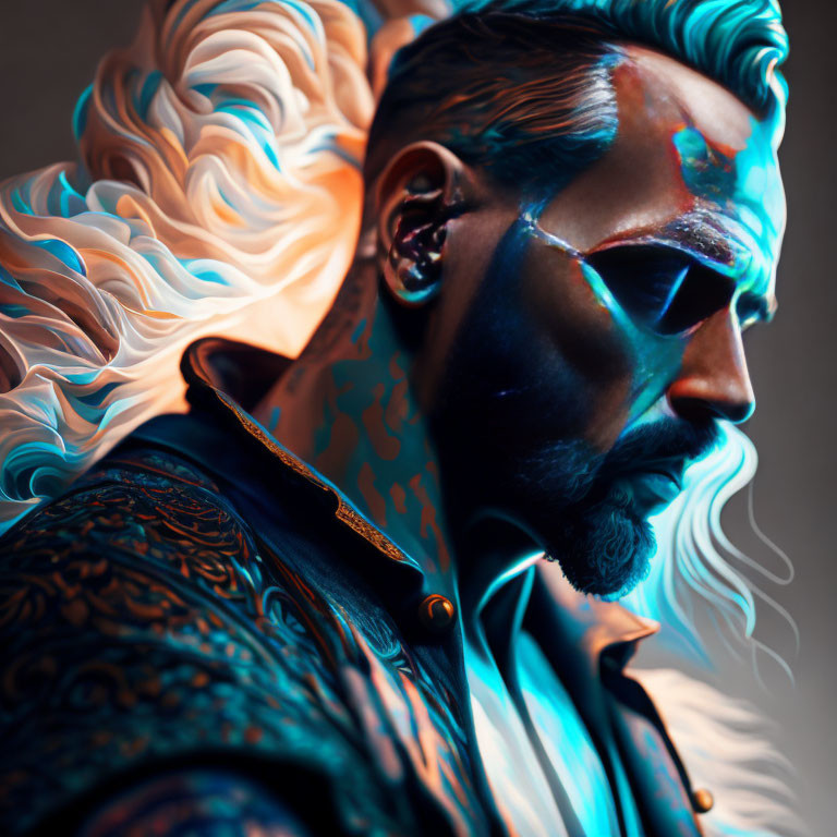 Vibrant blue and orange lit man with tattoo-like patterns and abstract hair