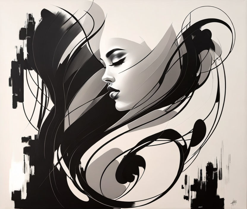 Monochrome abstract artwork: stylized woman profile with flowing hair and dynamic brushstrokes.