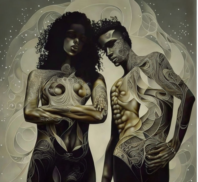 Dark-toned figures with intricate white patterns in cosmic backdrop