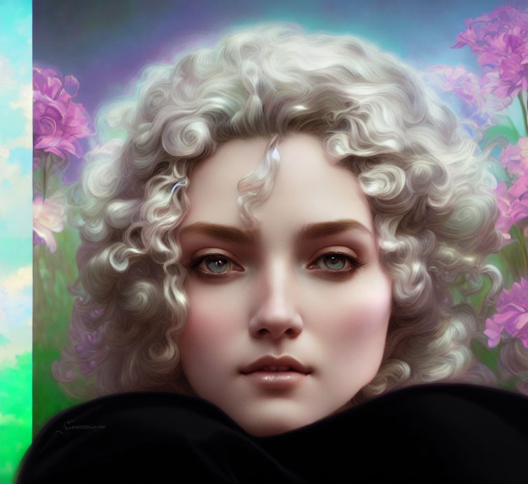 Digital painting: Woman with curly hair surrounded by purple flowers in serene expression