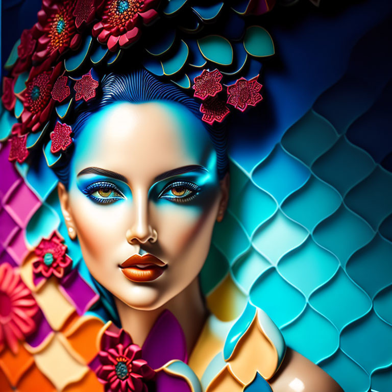 Colorful makeup woman with floral and scaly background portrait.