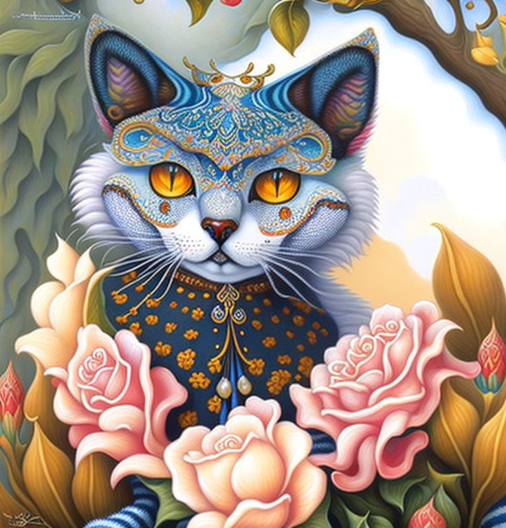 Colorful Stylized Cat Surrounded by Roses and Ornate Patterns