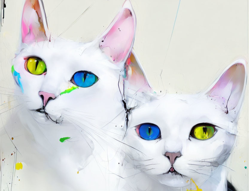 Colorful Marked White Cats with Heterochromia in Paint Splatter Environment