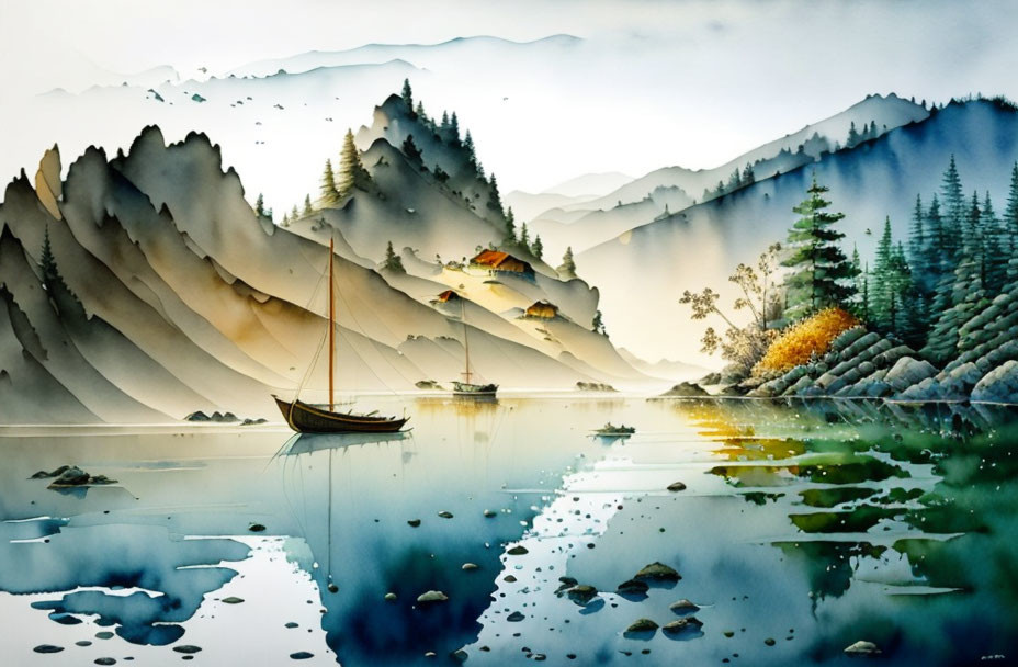 Tranquil painting of boat on still water amidst layered mountains and foggy reflections