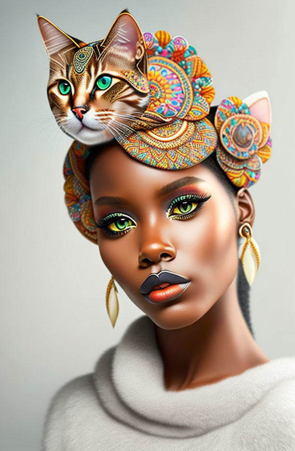 Digital art portrait of woman with flawless skin, striking makeup, colorful headwrap, and integrated cat.