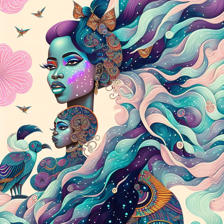 Illustrated woman with cosmic hair and peacocks on pastel backdrop