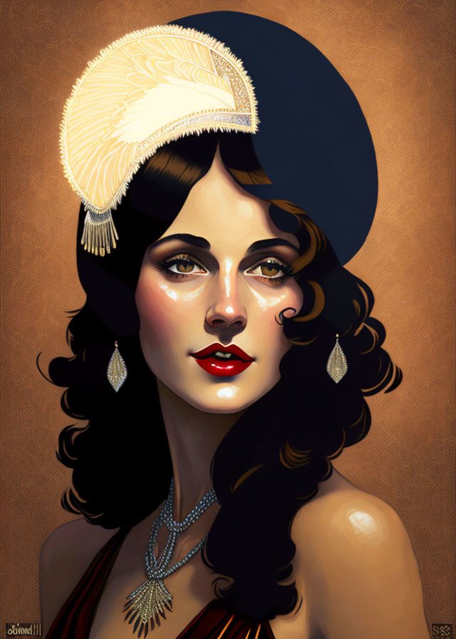 1920s Fashion Woman with Cloche Hat and Pearls on Golden Background