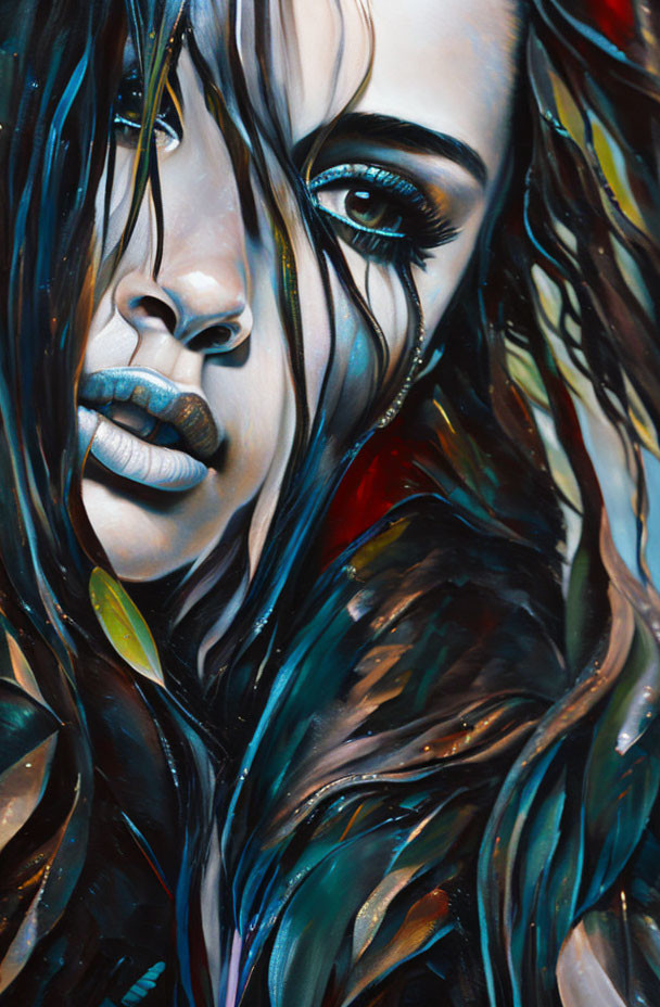 Vivid colorful painting of woman's face with dark hair and striking makeup