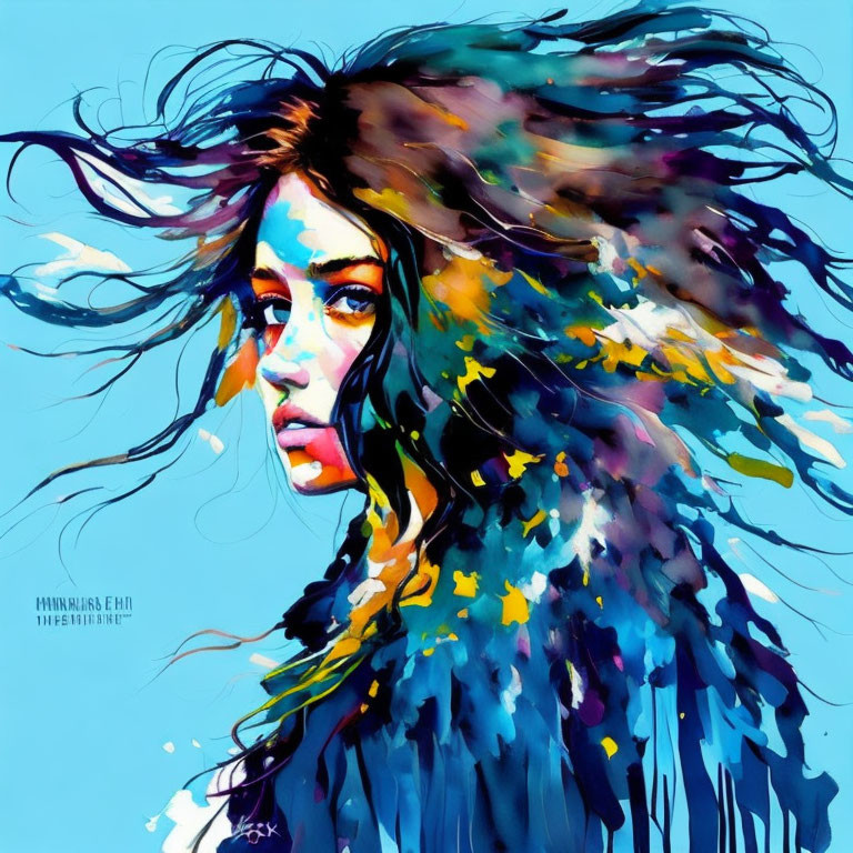 Colorful abstract artwork of a woman's profile with flowing hair in blue and yellow hues.