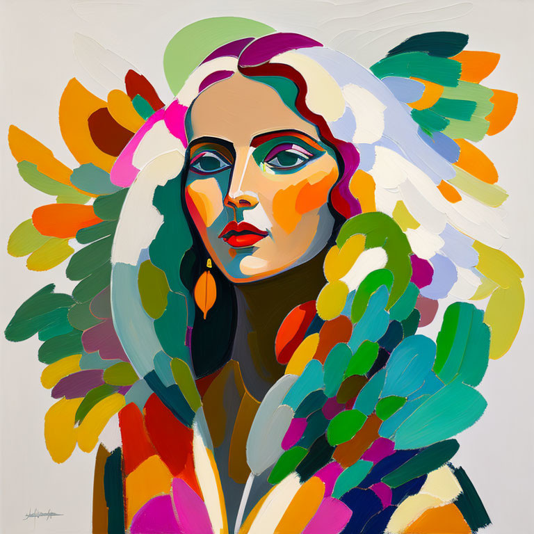 Vibrant abstract portrait of a woman with colorful brushstrokes and geometric shapes