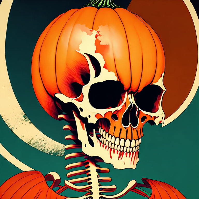 Skeleton with Pumpkin Head on Crescent Moon Background