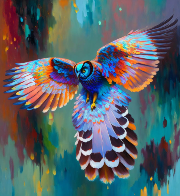 Colorful Owl in Flight with Spread Wings and Abstract Background