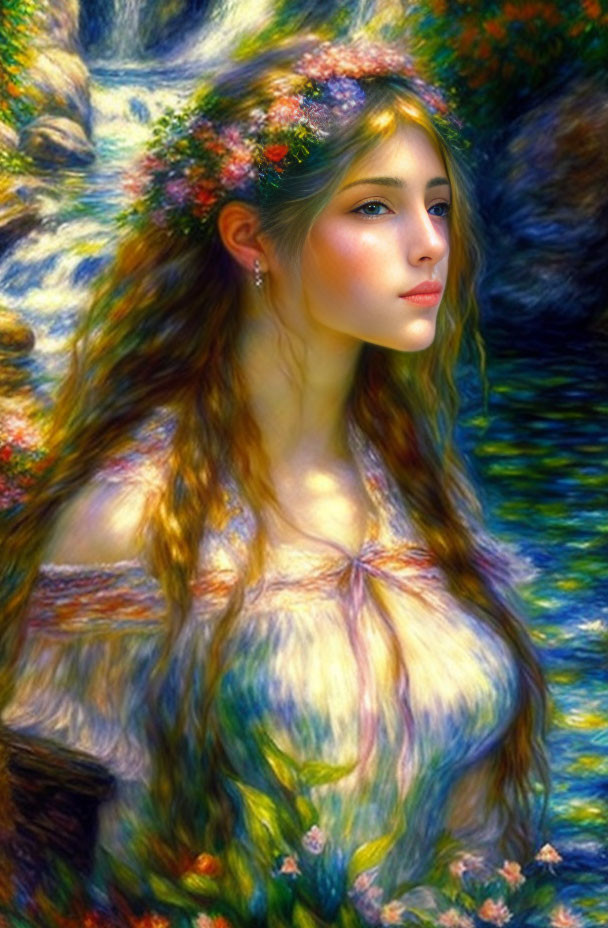 Woman with Floral Crown and Long Hair by Shimmering River in Vibrant Impressionistic Painting