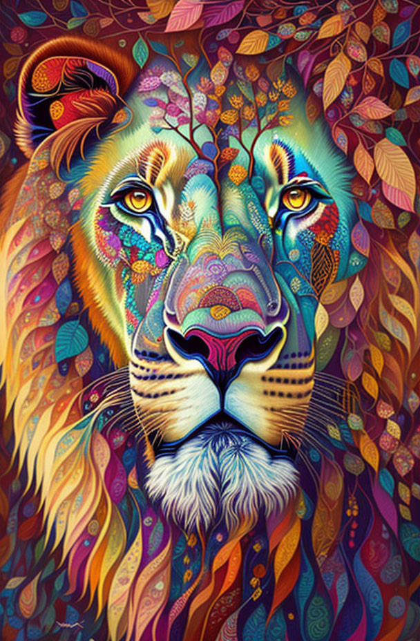 Colorful Lion Illustration with Psychedelic Patterns and Foliage