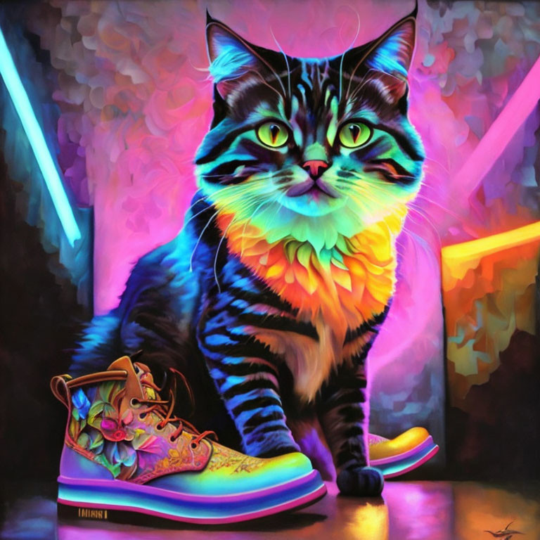 Colorful Cat Painting with Sneakers in Psychedelic Background