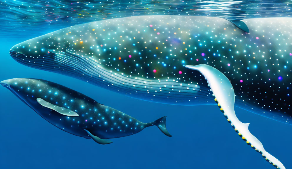 Whales with Star Patterns Swimming Underwater