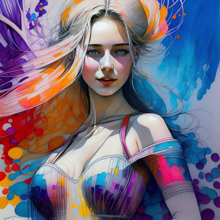 Colorful Woman Illustration with Flowing Hair and Corset