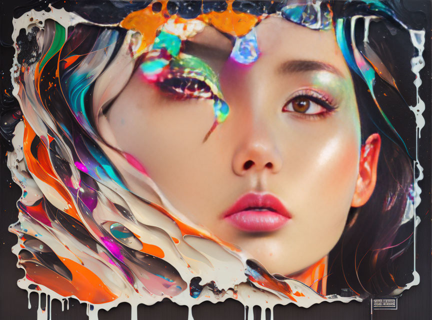 Abstract portrait of woman with vibrant paint strokes blending with makeup