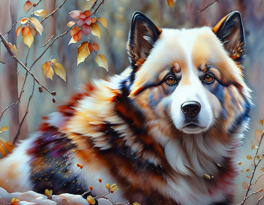 Vibrant Welsh Corgi Painting Among Autumn Leaves