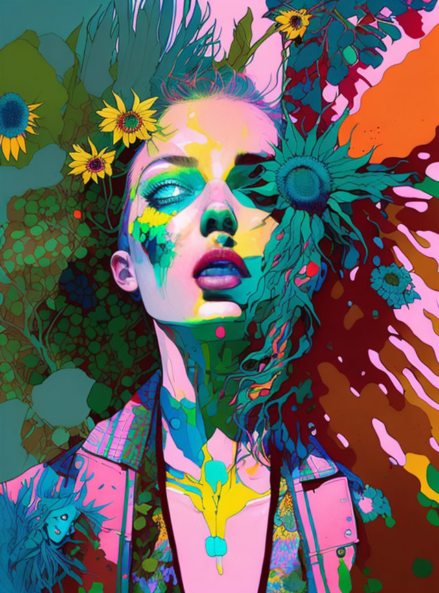 Colorful portrait with paint splashes and floral elements for a surreal look