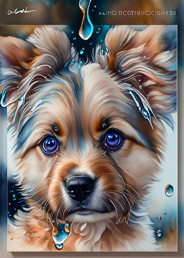 Exaggerated Yorkshire Terrier with vibrant eyes and water droplets.