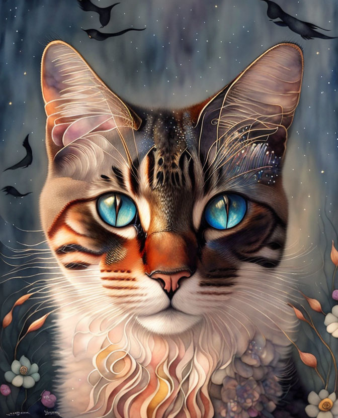 Fantastical cat illustration with blue eyes and starry sky motifs.