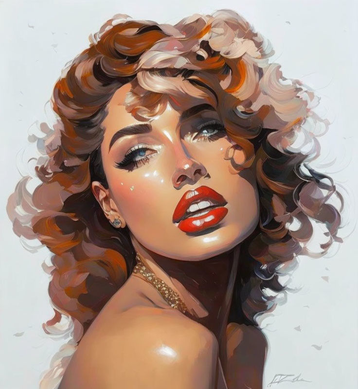 Portrait of a woman with curly hair, red lips, dramatic eyeshadow, and subtle jewelry under