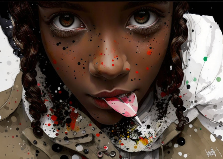 Digital painting: Girl with braids and unique eyes licking paint, colorful splashes on face and jacket