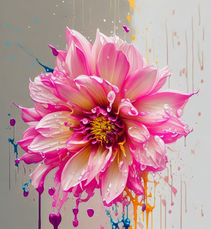 Colorful Flower Painting with Pink Petals and Multicolored Paint Splashes on Gray Background