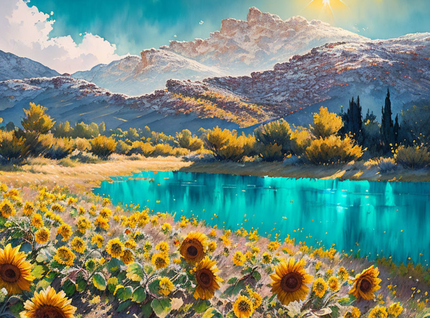 Mountain lake scene with autumn trees and sunflowers in sunlight