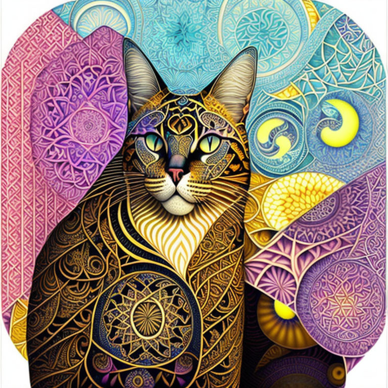 Vibrant cat illustration with intricate mandala patterns