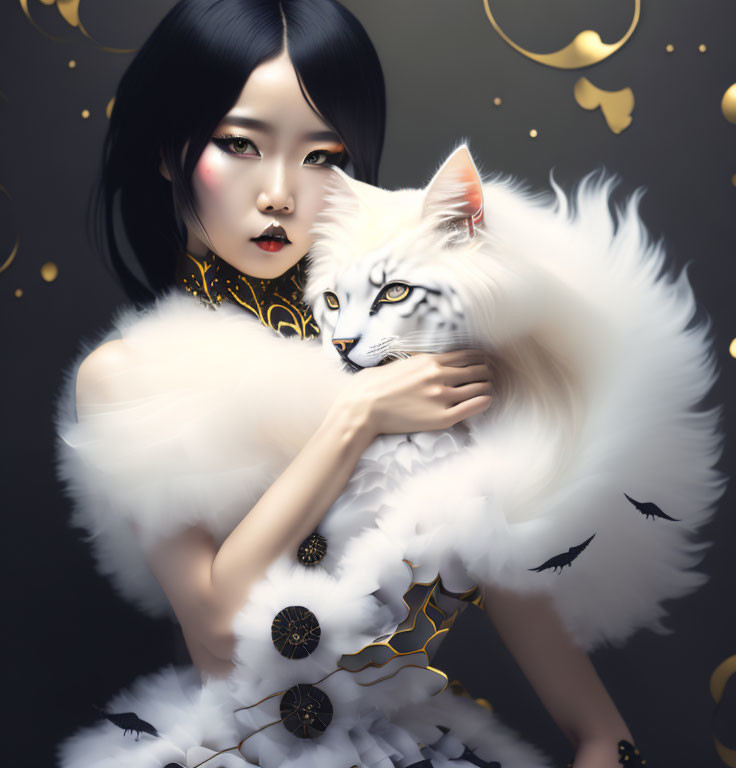 Dark-haired woman in white attire holding a unique white cat on a dark background with golden details