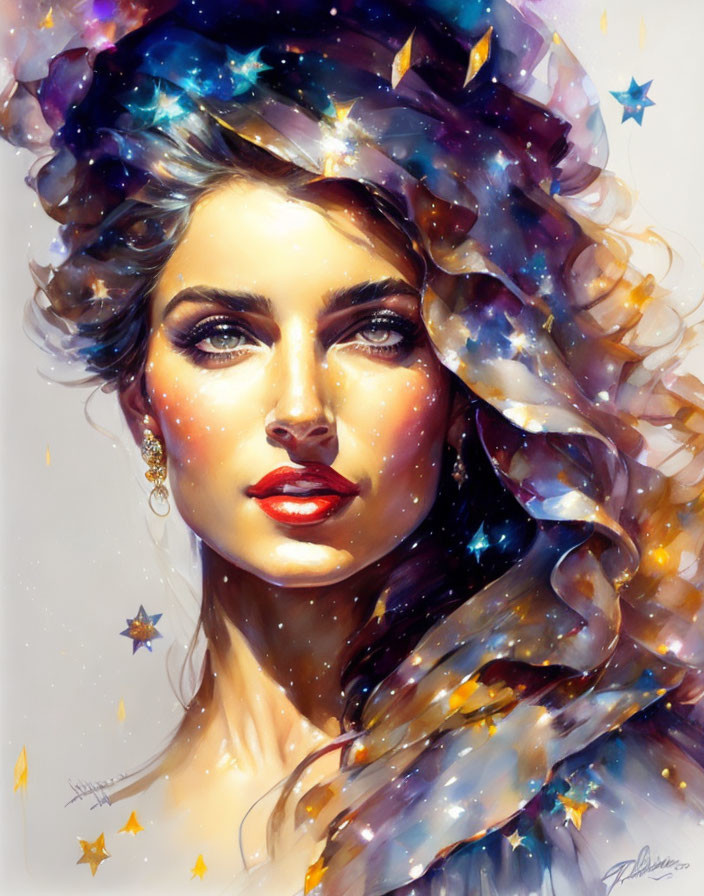 Vibrant portrait of a woman with cosmic-themed hairstyle