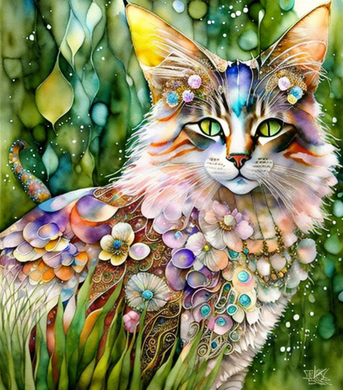 Colorful Cat Painting with Floral Coat on Green Background