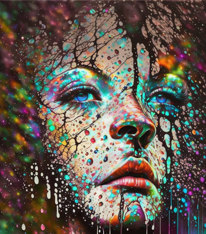 Colorful Paint Splashes Overlay Woman's Face with Tree Branch Silhouettes